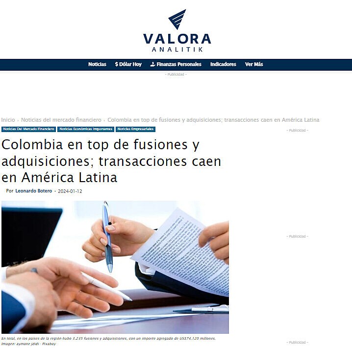 Colombia en top de fusiones y adquisiciones; transacciones caen en Amrica Latina